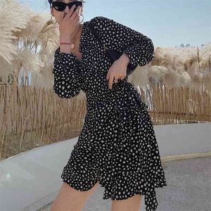 Ruffle polkadot print kvinnor klänning vintage oregelbunden båge wrap kort chiffong svart strand boho höst 210514