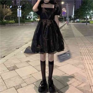 Japonês Lolita Tutu Dress Mulheres Princesa Preto Cintura Alta Gótico Mini Puff Branco Lace Malha Malha Ruffle Doce 210421