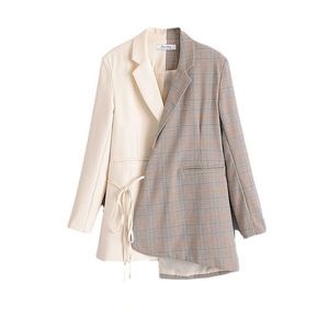 Damski elegancki kolor pasujący do patchworku kratę garnitur mody damskie karmowane krawat dorywczo kurtka wiosna i jesień 210521