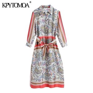 Women Fashion With Belt Paisley Print Midi Shirt Dress Three Quarter Sleeve Button-up Female Dresses Mujer 210420