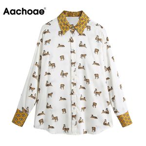 Moda retalhos animal impressão camisa blusa mulheres turn down colarinho solto camisas manga longa vintage túnica tops 210413