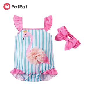 Chegada 2 pcs menina bebê sling flamingo listrado romper 210528