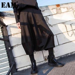 [Eam] Botão preto Alta cintura elástica larga calças de perna solta apto calças mulheres moda primavera outono 1dd2686 210512