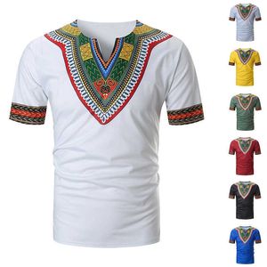 Anlände Folk-Custom T-shirts Män Sommar Casual African Print V Neckover Kortärmad T-shirt Top Blouse Camiseta 210629
