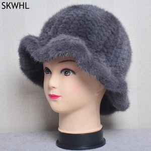 Stickad 100% naturlig mink päls hattar kvinnor mössa solida äkta kepsar vinter dam fest hattar