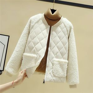 Lightweight algodão acolchoado jaqueta feminina coreana solta cordeiro pelúcia patchwork manga longa zíper casacos de inverno quente feminino