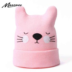New Children Cute Hats For Girls Boys Spring And Autumn Winter Cartoon Cat Ears Knitted Cotton Bean Hats Newborn Baby Solid Hats Y21111