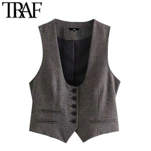 Kvinnor mode singel breasted check waistcoat vintage ärmlös rygg fliken kvinnlig västrock chic toppar 210507