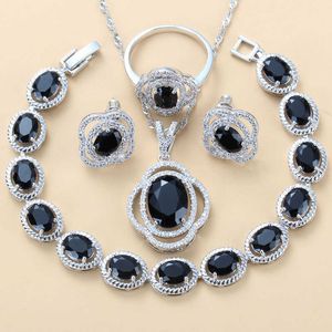 Women Costume Fashion Jewelry Sets Silver Color Natural Black Stone CZ Earrings Necklace Bracelet And Ring 12- Color Jewelry H1022