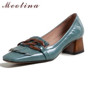 Meotina Fringe Square Toe Genuine Leather Pumps Women Block Heels Shoes Fashion Chain Mid Heel Footwear Blue Spring Big Size 42 210520