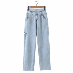 BBWM женщина джинсы высокая двойная талия одежда широкая нога джинсовая одежда уличная одежда Урожай мода отверстие прямые брюки 210520