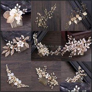 Клипы для волос Barrettes Jewelry Golden Metal Crystal Pearl Combs Jewellery Tiaras de Noiva Headsiece Bridal Women Wedding Wedding Aessories Drop Deli