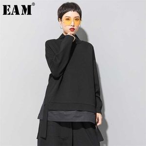 [EAM] Lös passform Asymmetrisk överdimensionerad Sweatshirt Hög krage Långärmad Kvinnor Stor Storlek Mode Vår Höst 19A-A124 210927
