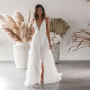 Beyaz Yüksek Yarık Elbise toptan satış-Günlük Elbiseler Bayanlar Uzun Elbise Düğün Parti için Uygun Spagetti Seksi Yüksek Yarık Kolsuz V Yaka Beyaz Dantel