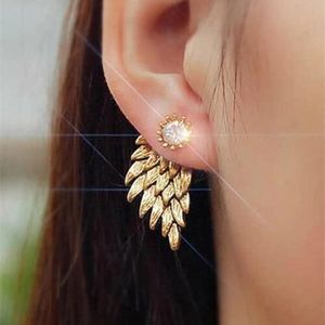 Goldfarbflügel Frauen Baumeln Ohrringe Kreative Feder Weiß Cubic Zirkonia Chic Zubehör Modeschmuck