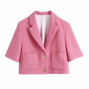 Słodkie kobiety V Neck Single-Breasted Coat Spring-Autumn Moda Damska Mniejszość Mniejszości Kobiet Krótki Textured Blazer 210515