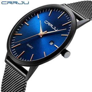 시계, 망 시계, CRRJU 울트라 얇은 시계 미니멀리스트 패션 간단한 손목 시계 아날로그 날짜 스테인레스 스틸 메쉬 밴드 210407