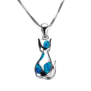 Halsband blå opal hängande söt stolt katt par smycken för kvinnor älskar gåva jul halsband