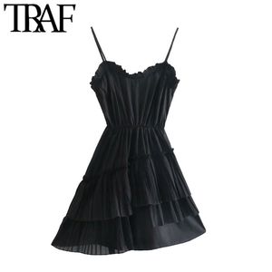Women Chic Fashion Pleated Ruffled Asymmetrical Mini Dress Vintage Elastic Waist Thin Straps Female Dresses Mujer 210507