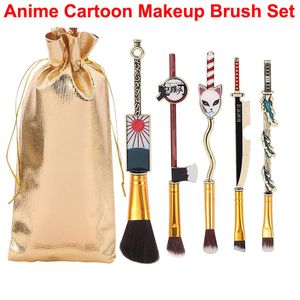 Anime Demon Slayer Make-up-Pinsel-Set, 5-teilig, Cartoon-Pinsel für Foundation, Puder, Lidschatten, Lippenpinsel, Kosmetik, Cosplay, Geschenk, Make-up-Werkzeug mit Aufbewahrungstasche