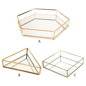 Altın Ayna Takı Tepsisi Parfüm Vanity Dresser Süslü Metal Dekoratif Organize 211105