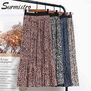 Primavera verão moda mulheres estilo coreano preto leopardo chiffon chiffon cintura alta midi longa saia plissada fêmea 210421