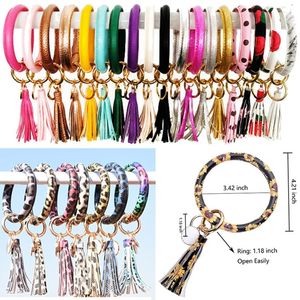 Fashion Women Girls Tassels Party Bracelets PU Leather Wrap Party Key Ring Sunflower Leopard Lily Print Keychain Wristband Drip Oil Circle Bangle Chains Wristlet