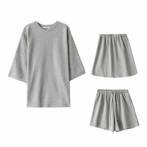 Sommer Trainingsanzüge Damen Zwei Stücke Set Baumwolle Sportanzug Breites Bein Shorts T-Shirt Lose Rock Weibliche Outfits für Frauen 210607