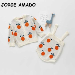 Spring Baby Girl 2-PCs Sets Bodysuit + Öppna Stitch Sweater Cartoon Orange Jumpsuit Fashion Outwear Född Kläder E05 210610