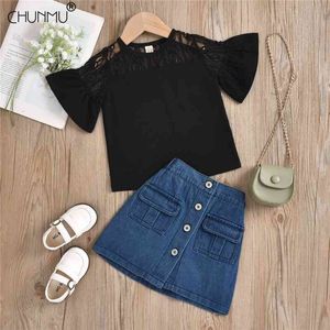 Verão crianças vestuário conjuntos moda meninas ternos preto lace top e botão jeans saia 2 pcs roupas doces menina 210508