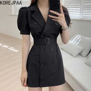Korejpaa Women Dress Summer Ladies Lightly Cooked Style Lapel Buckle Strap Waist Double-Breasted Puff Sleeve Suit Vestidos 210526