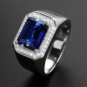 Anéis de casamento artesanal jóias de moda simples 925 esterlina prata radiante corte azul safira gemstones partido festa de noivado masculino rin para homens presente