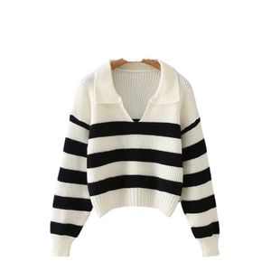 TRAF Moda donna colletto POLO a righe maglione lavorato a maglia allentato pullover a maniche lunghe retrò streetwear 211018