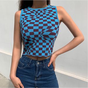 Y2K Örme Kadın Tank Tops Ekose Baskılı Harajuku Vintage Kırpma Tee Yaz Yelek Korse Üst Streetwear Estetik Kırpma Top 210422