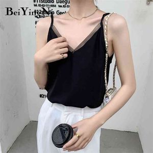 V-neck Sexy Top Tank Female Solid Color Mesh Patchwork Korean Spaghetti Strap Shirts Black White Tops Woman Blusa 210506