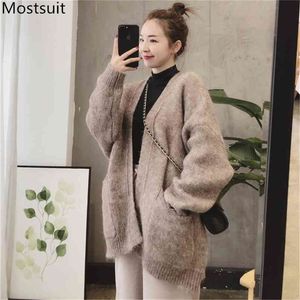 Koreanska Casual Women Cardigans Tröjor Höst Vinter Långärmade Fickor Lösa Toppar Mode Solid Kvinna Femme 210513