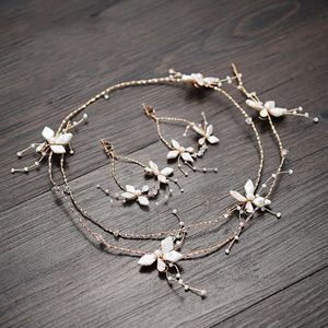 Hair Clips & Barrettes Extra Long Vine Bridal Headband With Earrings Shell Floral Pearls Wedding Jewelry Gold Color Women Hairpiece