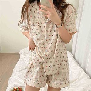 Cotton Sleepwear Printed Fruits Loose Short Sleeves Femme Chic Summer Soft Girls Sets Pajamas Two Piece Suits 210525