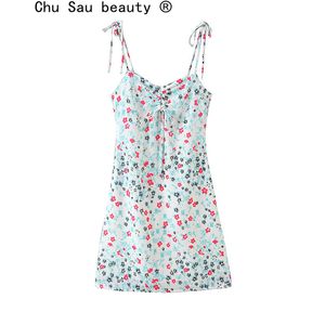 Fashion Summer Women Slim Suspender Dress Fresh Casual Holiday Stretch Leak Back Printed 210514