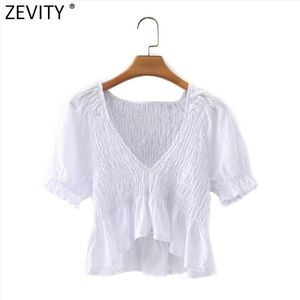 French Style Women V Neck Elastic Hem Ruffles Short Smock Blouse Female Puff Sleeve White Shirt Chic Blusas Tops LS9156 210416