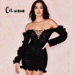 CNYISHE SEXY MESH DRESS Women Fashion Slash Neck Långärmad Hollow Slå Sexig Bandage Klänning Kvinnor Klänningar Vestidos Robes 210419