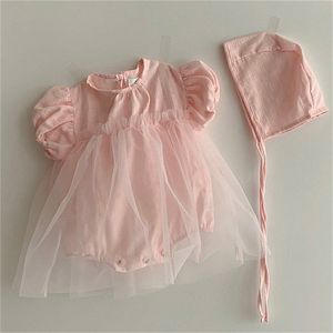 Korean style infant girls fashion mesh princess dress with cap Summer baby girl jumpsuits 0-2Y 210508