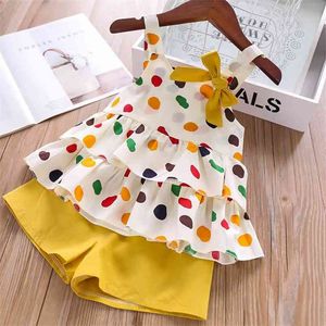 Sommarflickor Kläder Set Fashion Polka Dot Strap Dubbel Bow Top + Solid Färg Shorts Toddler Baby Kläder 210528