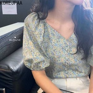 KOREJPAA Mulheres Camisa Verão Verão Coreano Retro Temperamento V-Pescoço Pequeno Floral Solto Solto Slow Slow Sleeve Blusas 210526