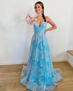 Elsa inspirado senhora vestido formal 2022 lantejoulas de gelo azul lantejoulas brilhando longo vestido de esfera de inverno floral vestidos de fiesta lace up pageant noite festa