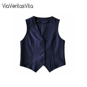 Gilet a righe Completo da donna Elegante OL Gilet Gilet con scollo a V Carriera Donna Crop Top Ufficio Abbigliamento formale da lavoro Capispalla Autunno Mujer 211008