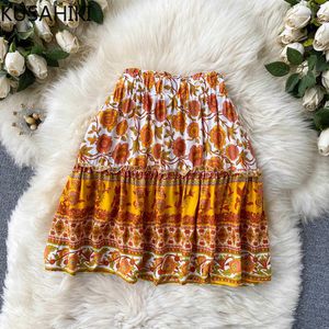 Sommar koreanska blommiga kjolar Ruffle patchwork stretch hög midja kvinnor kjol kausal faldas mujer moda 6f916 210603