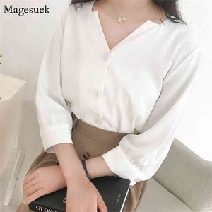 Casual Plus Size White Shirt Tops Autumn Loose Cardigan Blouse Women Three Quarter Sleeve Chemise Oversize Femme 11705 210512