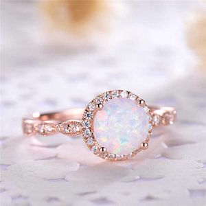 Romad Dainty Round Fire Opal Ringar för Kvinnor Rose Gold CZ Förlovningsringar i koppar Löfte Ring Bröllopsfest Smycken X0715