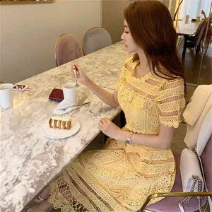 Wysokiej jakości żółta koronkowa sukienka lato damska z krótkim rękawem o-neck Hollow Crochet Slim Dance Party Długi 210520